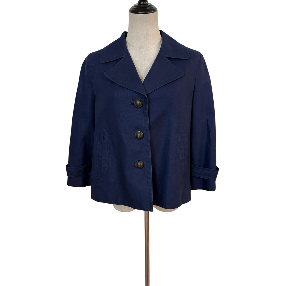 Talbots Linen Blend Jacket Navy Cropped Blazer Classic Preppy 6 mod minimalist
